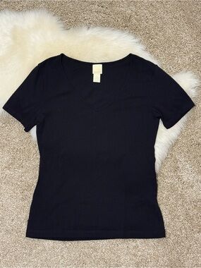 H&M Black Women's Short Sleeve Cotton Blend V Neck Top - Classic Size S